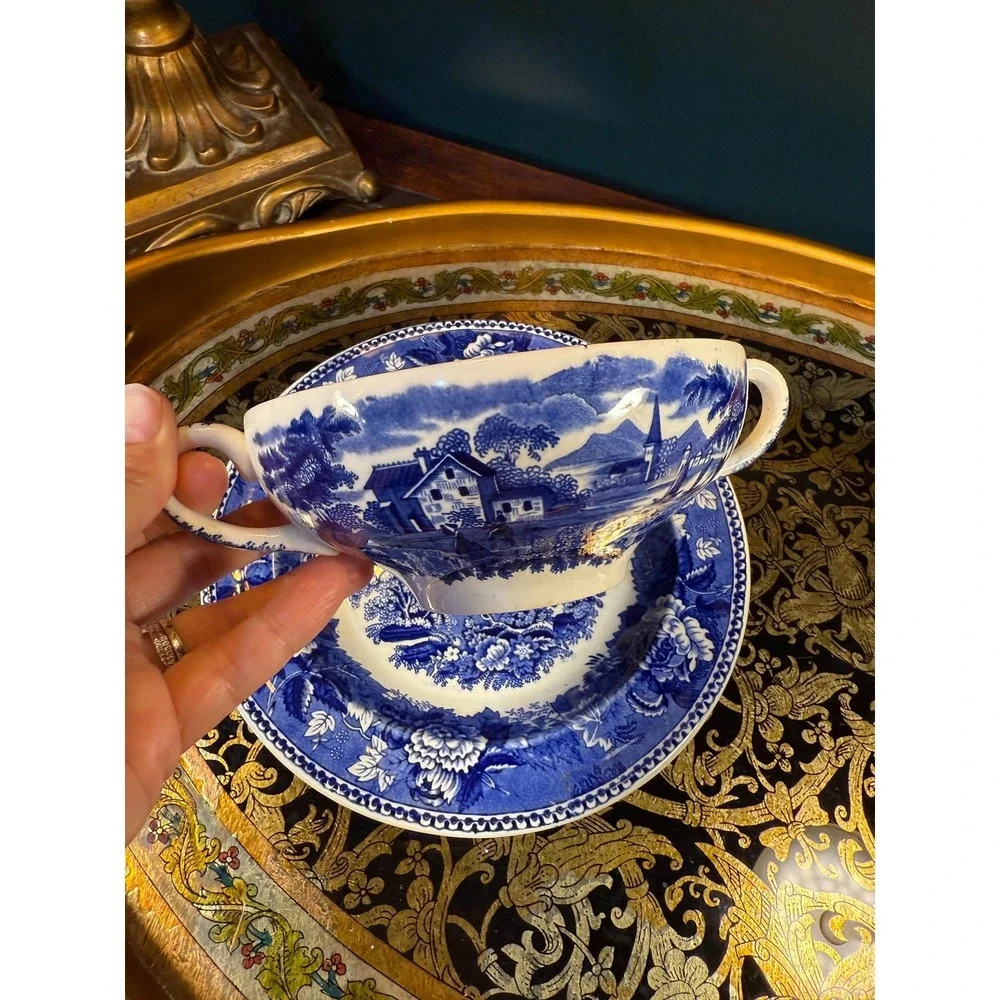 Wedgwood Landscape of Etruria Blue Transferware Saucer & Double-Handled Bowl‎